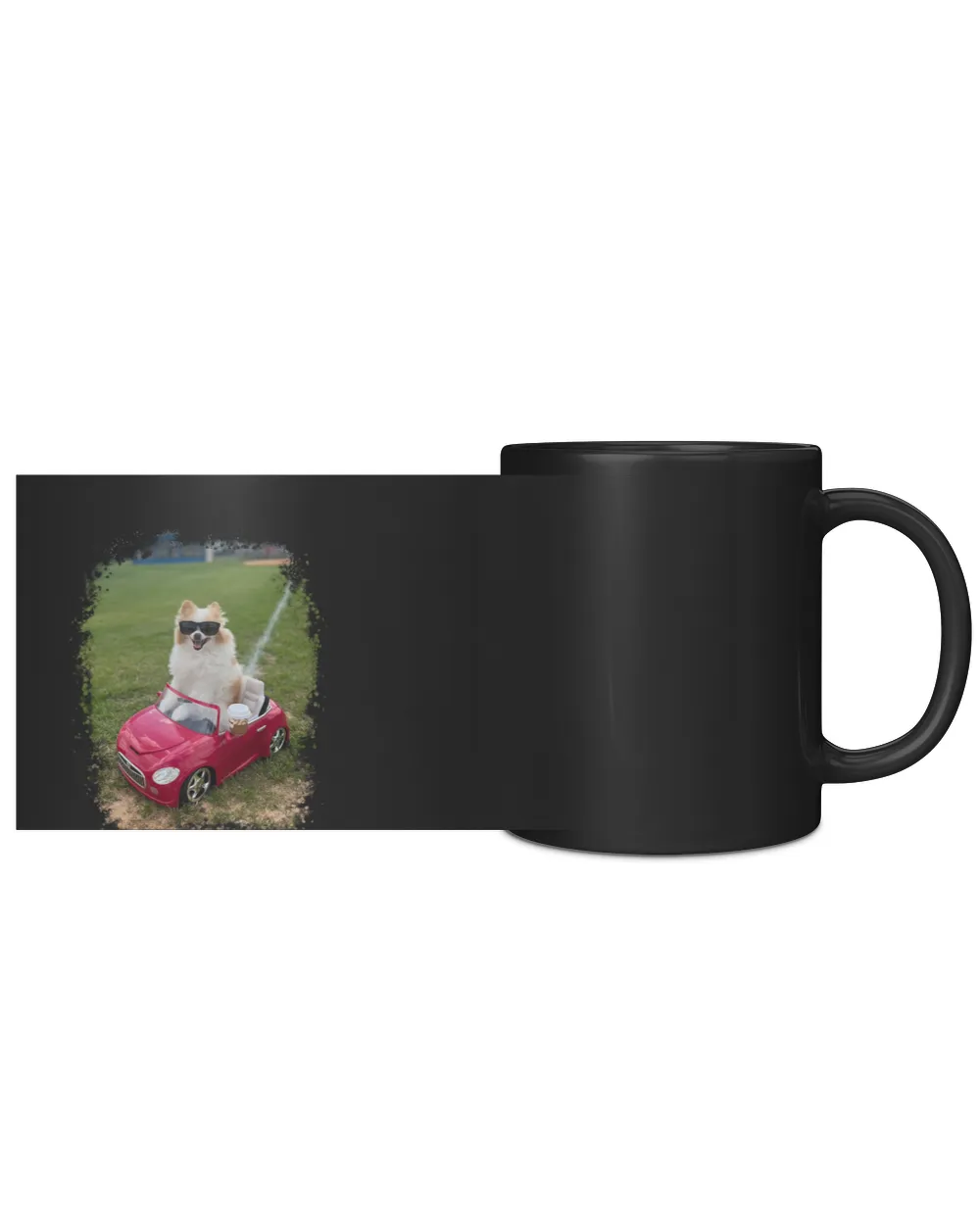 Koda Sits in The Car on the Grass Field Black Mug 11oz black 11oz