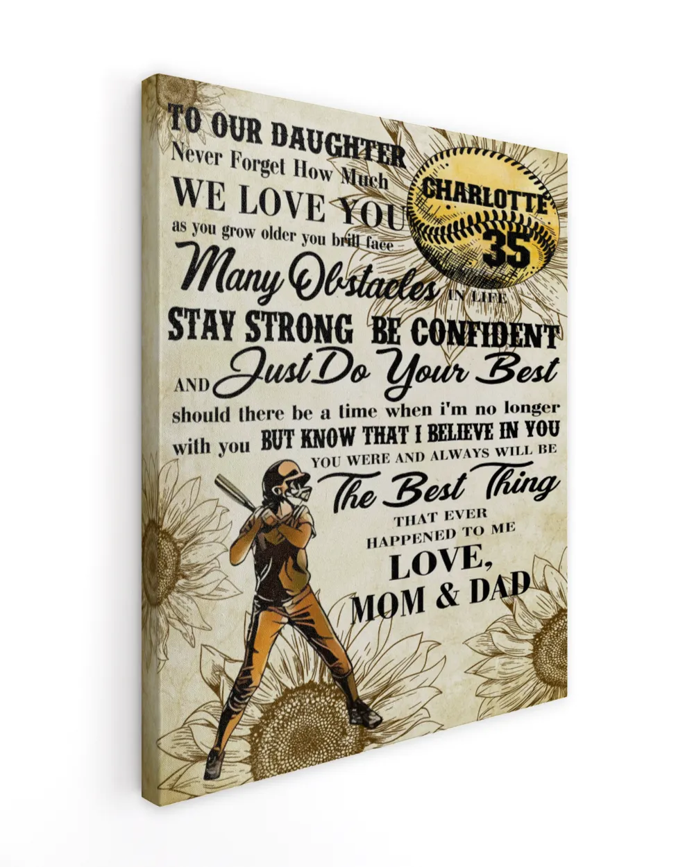 Personalized Softball My Our Daughter Poster/Canvas Lovely Gifts to Daughter from Family Ready To Hang Canvas (11x14 inch) white 11x14in