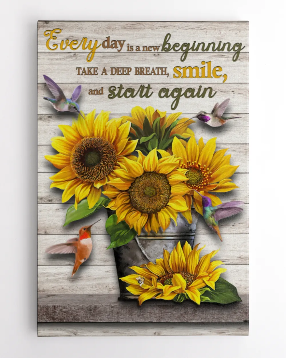 Every Day Is A new Beginning. Take A Deep Breath, Smile, And Start Again | Sunflowers Canvas, Hummingbirds Canvas, An Inspirational Present For Your Loved, Motivational Quote.