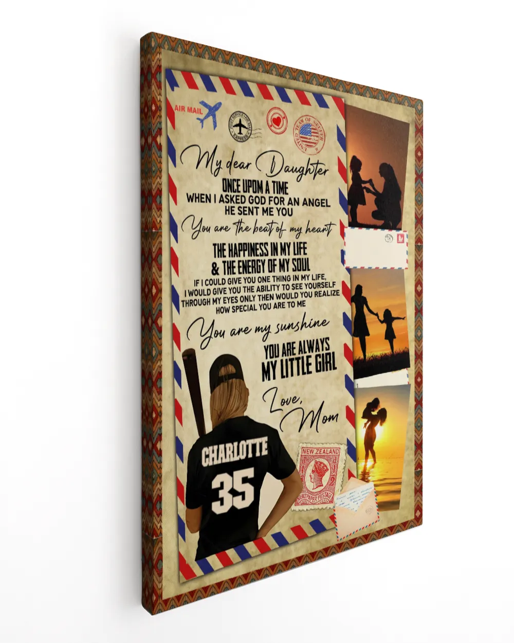 Personalized/Customized Softball My Dear Daughter My Sunshine Poster/Canvas Lovely Gifts to Daughter Son from Family for Anniversary Mother's Day Father's Day Christmas Birthday Ready To Hang Canvas (16x24 inch) white 16x24in