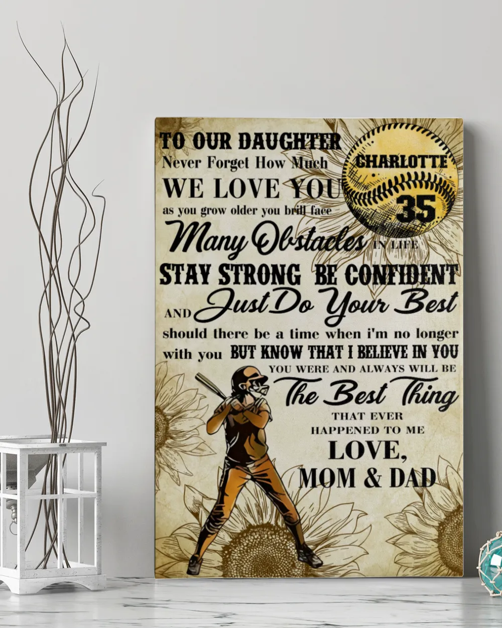 Personalized Softball My Our Daughter Poster/Canvas Lovely Gifts to Daughter from Family Ready To Hang Canvas (24x36 inch) white 24x36in