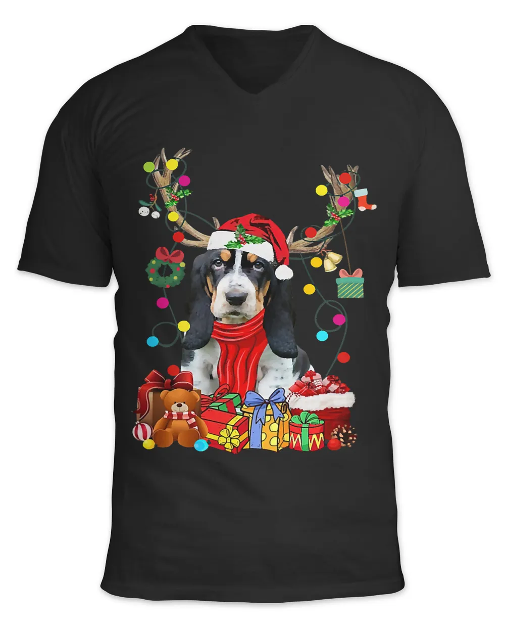 Womens Santa Basset Hound Reindeer Light Christmas Dog Lover128