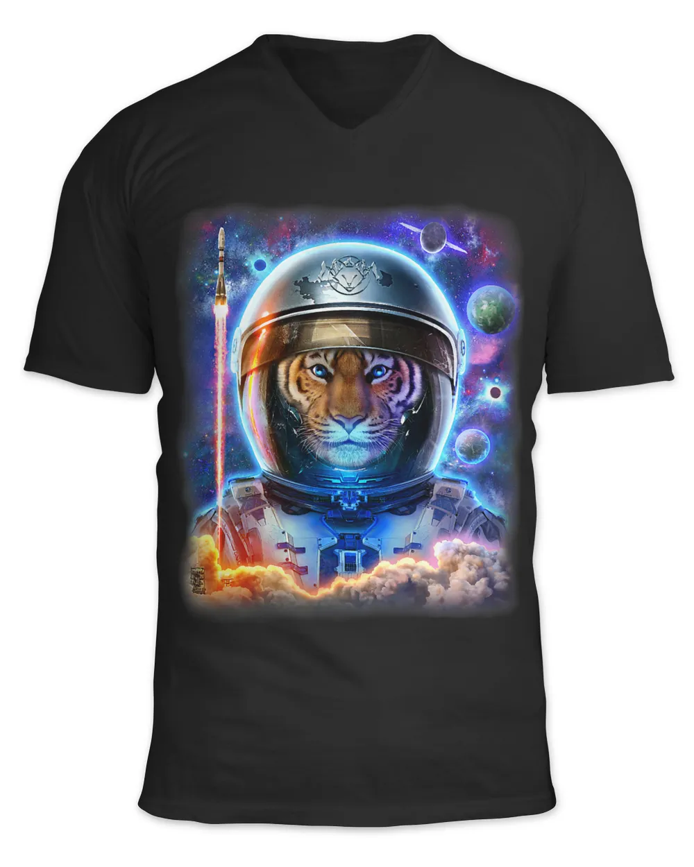 Astronaut Tiger on Space Shuttle to Explore the Universe Unisex Jersey SS V-Neck T-Shirt black s