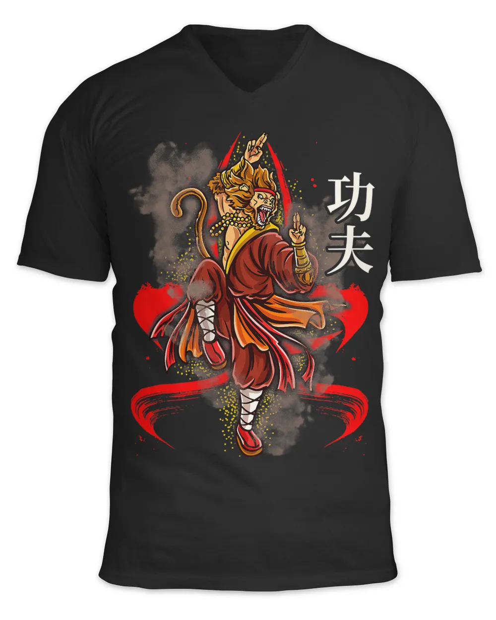 Monkey King in Fierce Kung Fu Kick with Chinese Calligraphy
