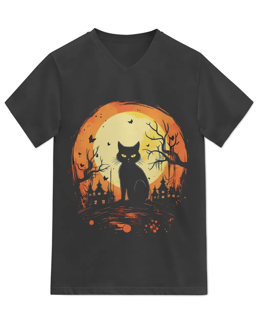 Halloween Vintage Black Cat Costume Scary Night Moon Cat T-Shirt (3)