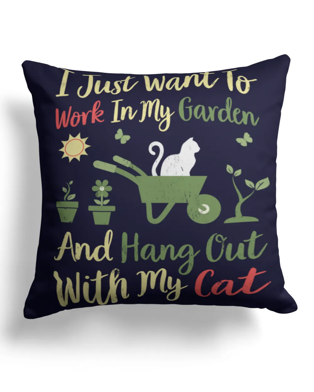 Work in my garden and hangout with my cats Cotton Drill Pillow (Dual Sided) navy 16x16in