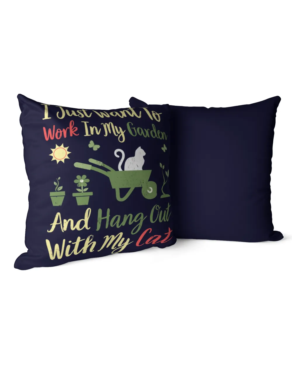 Work in my garden and hangout with my cats Cotton Drill Pillow (Dual Sided) navy 16x16in