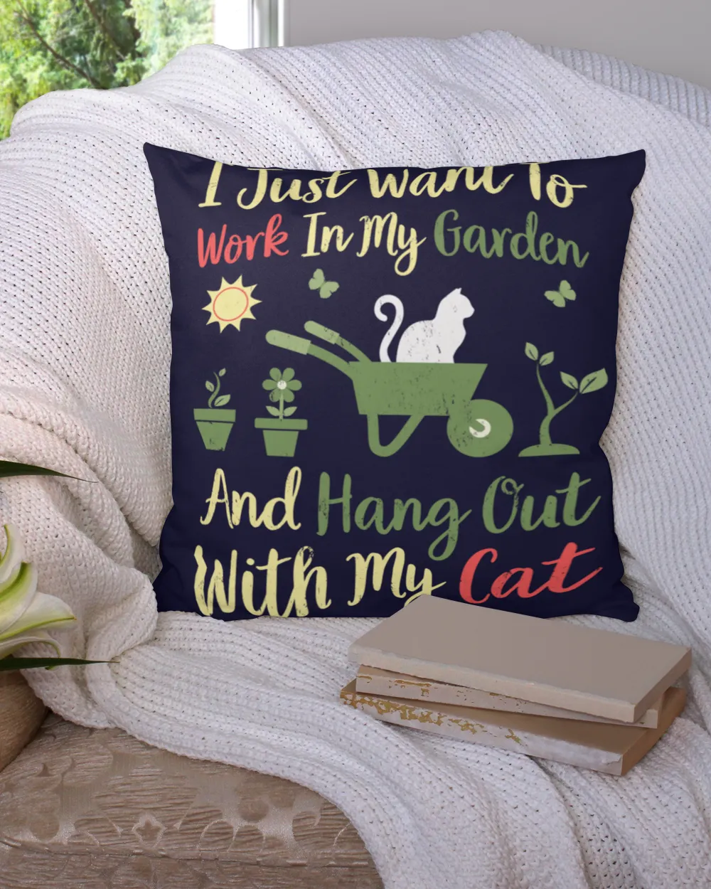 Work in my garden and hangout with my cats Cotton Drill Pillow (Dual Sided) navy 16x16in