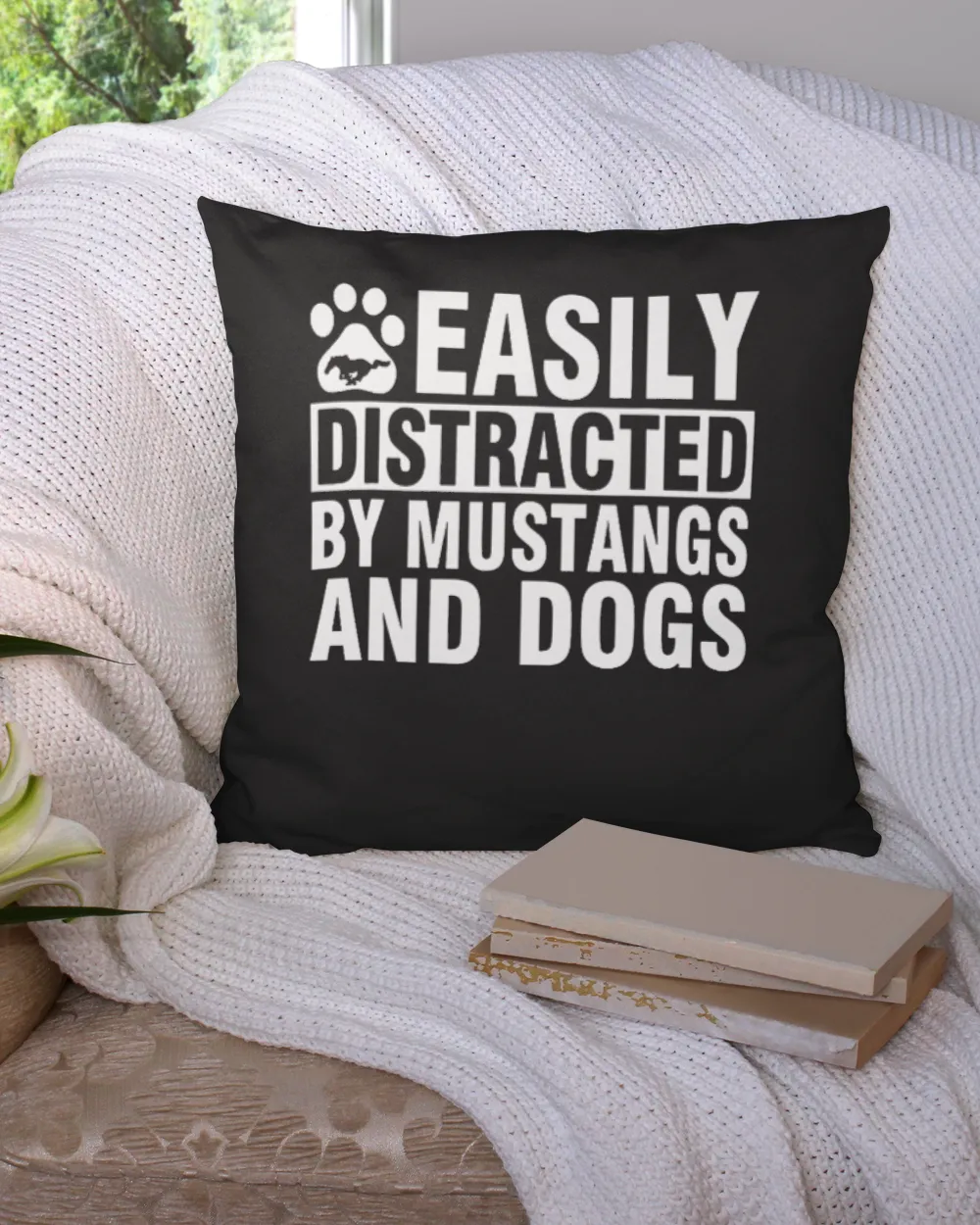 Easily Distracted by Mustangs and Dogs Funny Cotton Drill Pillow (Dual Sided) black 16x16in