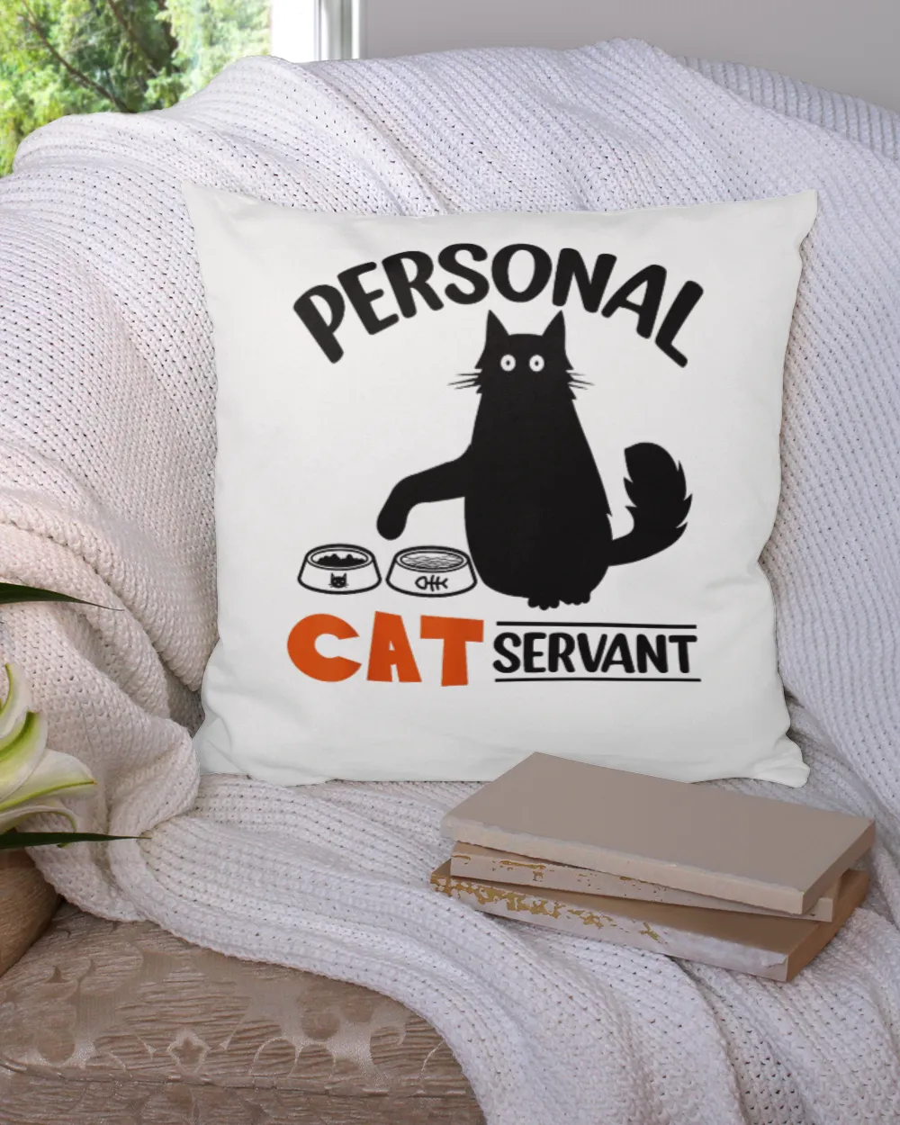 Funny Black Cat Personal Cat Servant TShirt Cotton Drill Pillow (Dual Sided) white 16x16in