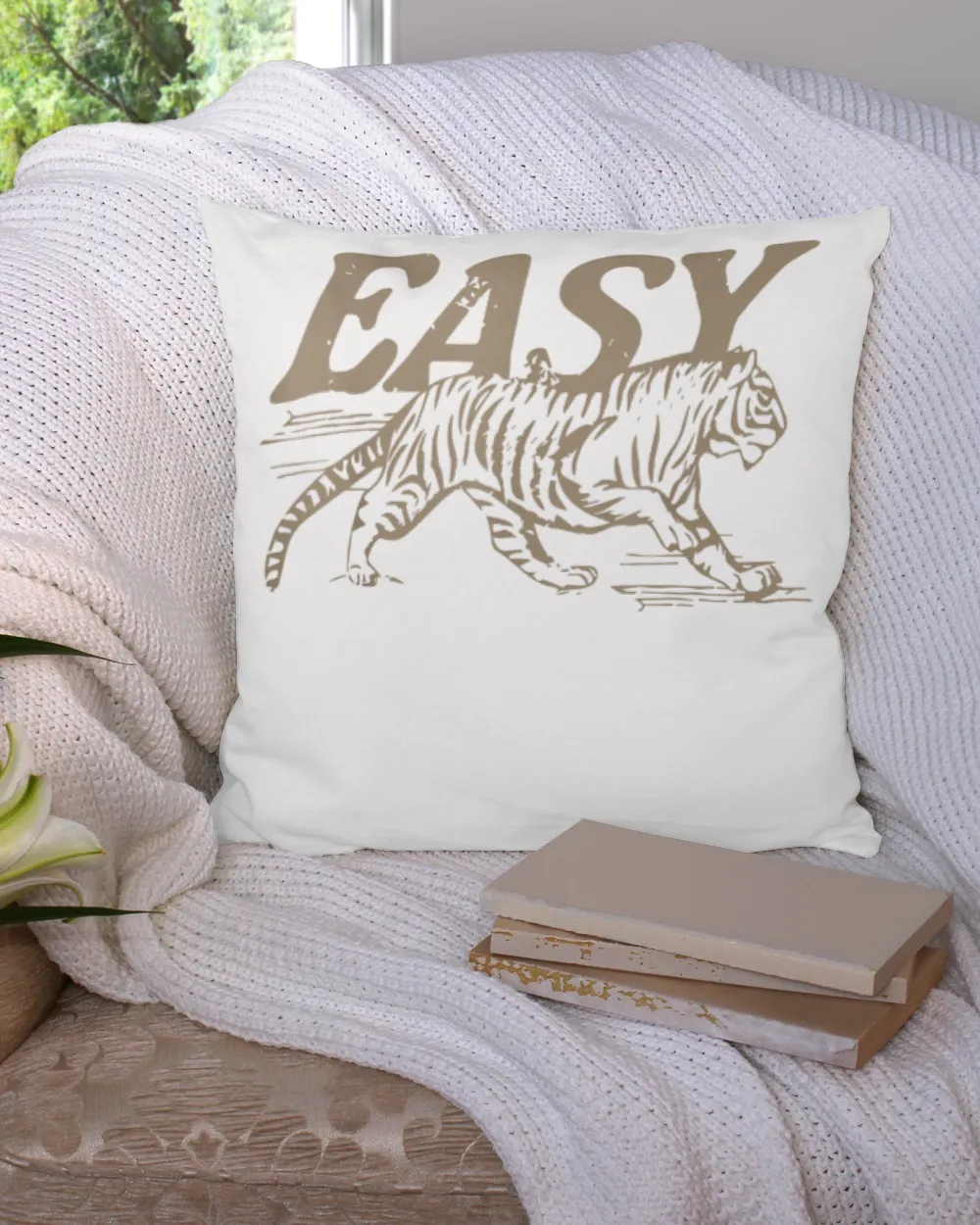 Easy Tiger Distressed Graphic UnisexAdults TShirt Black Tiger Print TShirt Cotton Drill Pillow (Dual Sided) white 16x16in