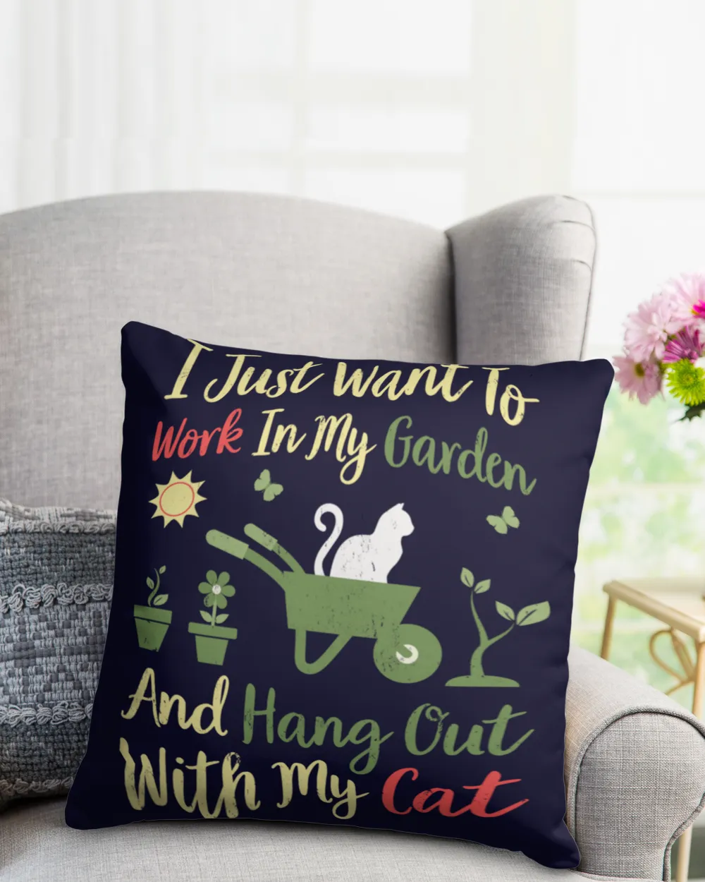 Work in my garden and hangout with my cats Cotton Drill Pillow (Dual Sided) navy 16x16in