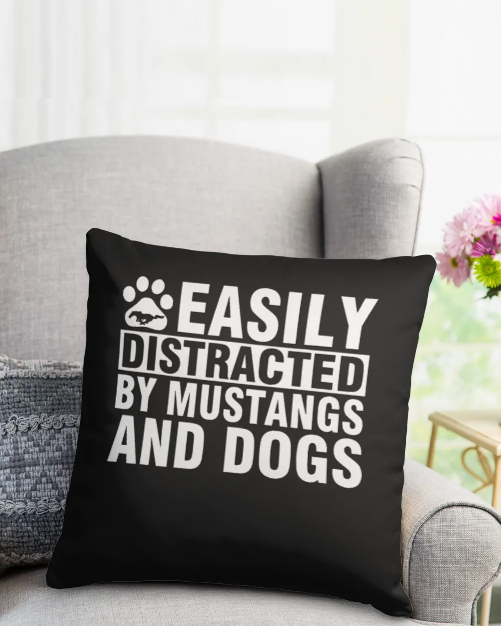 Easily Distracted by Mustangs and Dogs Funny Cotton Drill Pillow (Dual Sided) black 16x16in