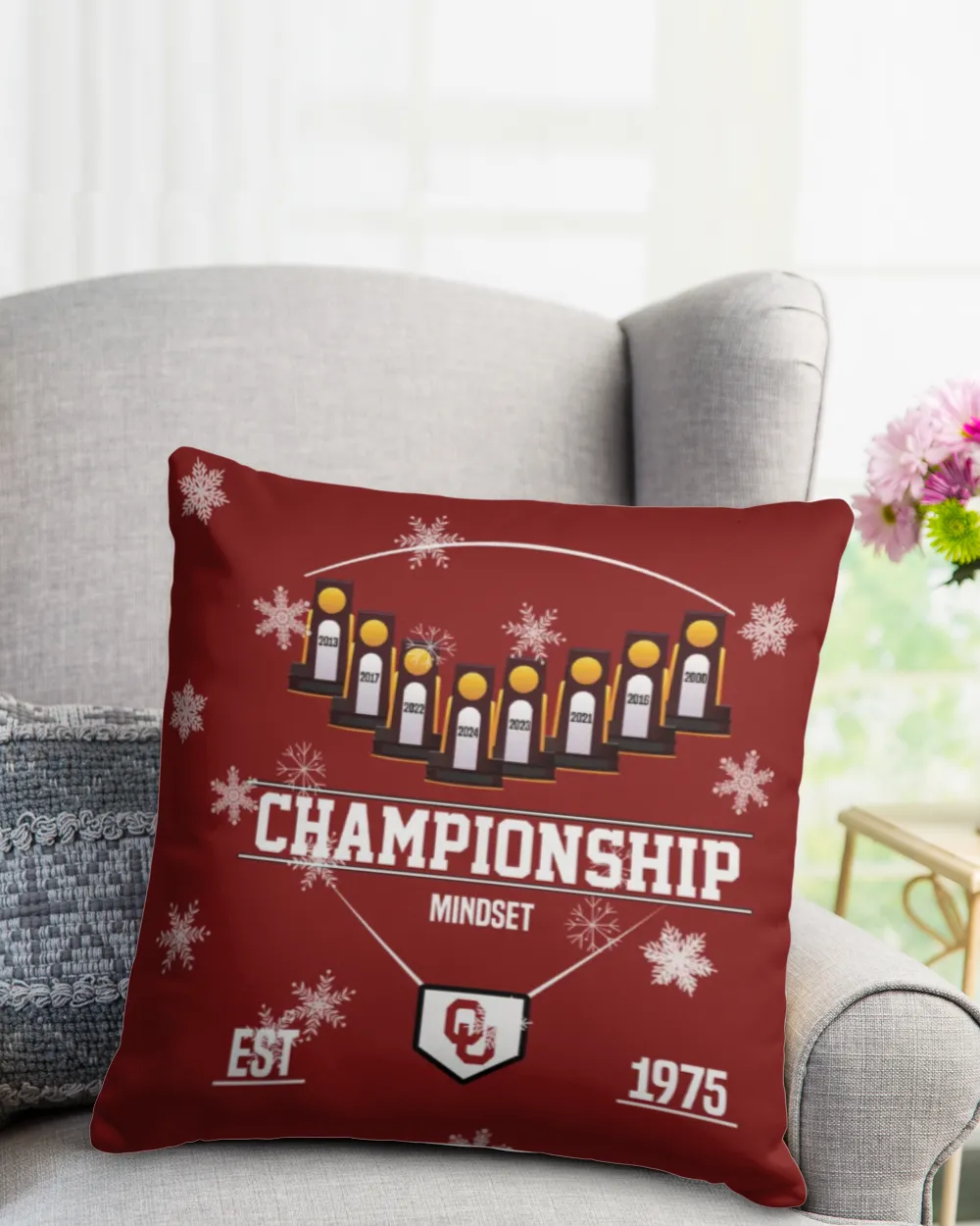 Softball Pillow- Oklahoma Softball- Championship Mindset Cotton Drill Pillow (Dual Sided) white 16x16in