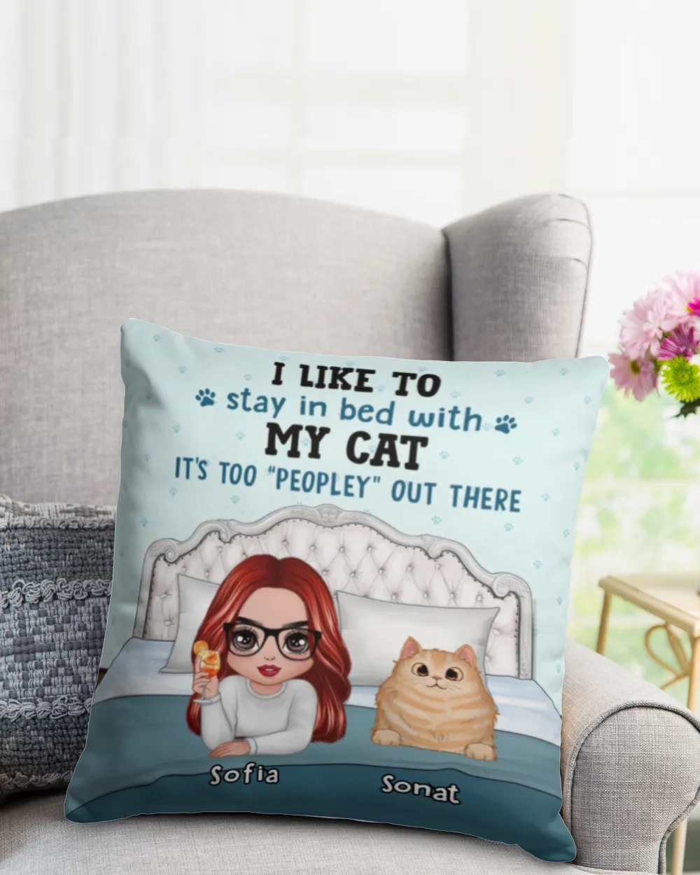 Stay In The Bed With Cat Dog Gift For Pet Lover Personalized Pillow QTCAT0601A1