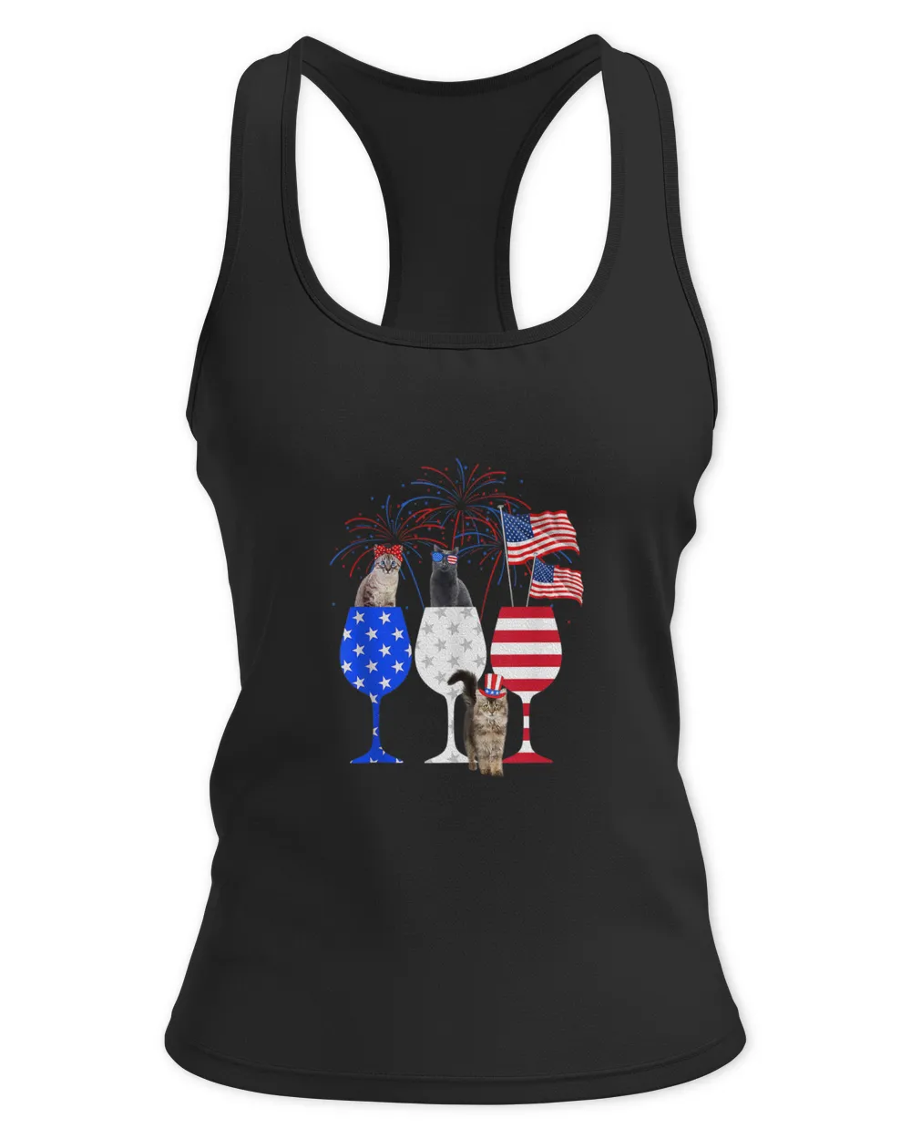 Cat 4th Of July Costume Red White Blue Wine Glasses Funny Tank Top