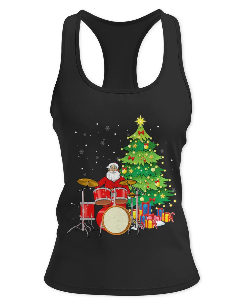 Funny Drummer Santa Claus Play Drums Nearby Christmas Tree Funny Women's Ideal Racerback Tank black xs