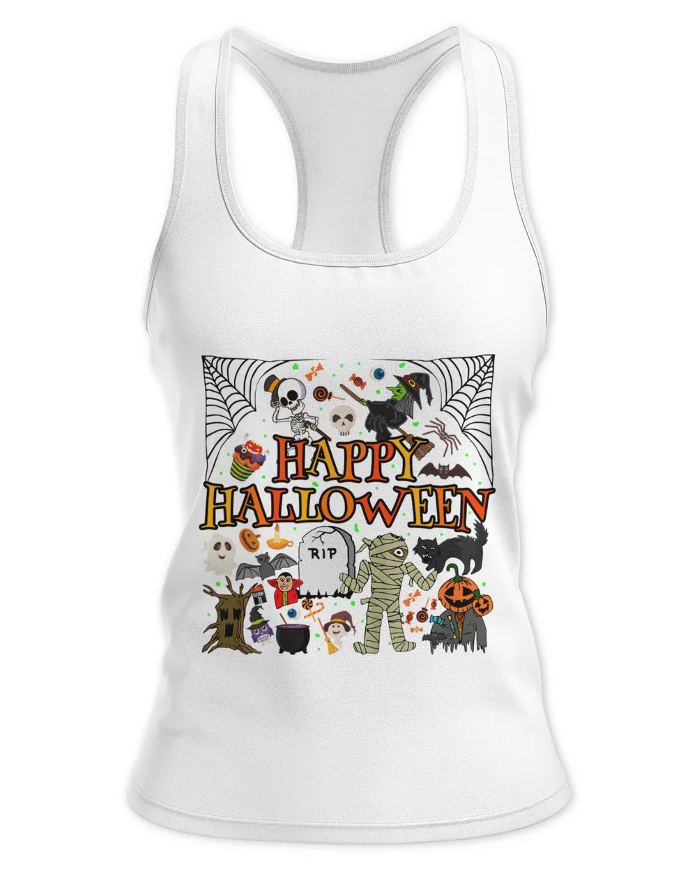 Happy Halloween Scary Retro V-Neck T-Shirt, black cat RIP pumpkin bat skeleton witches