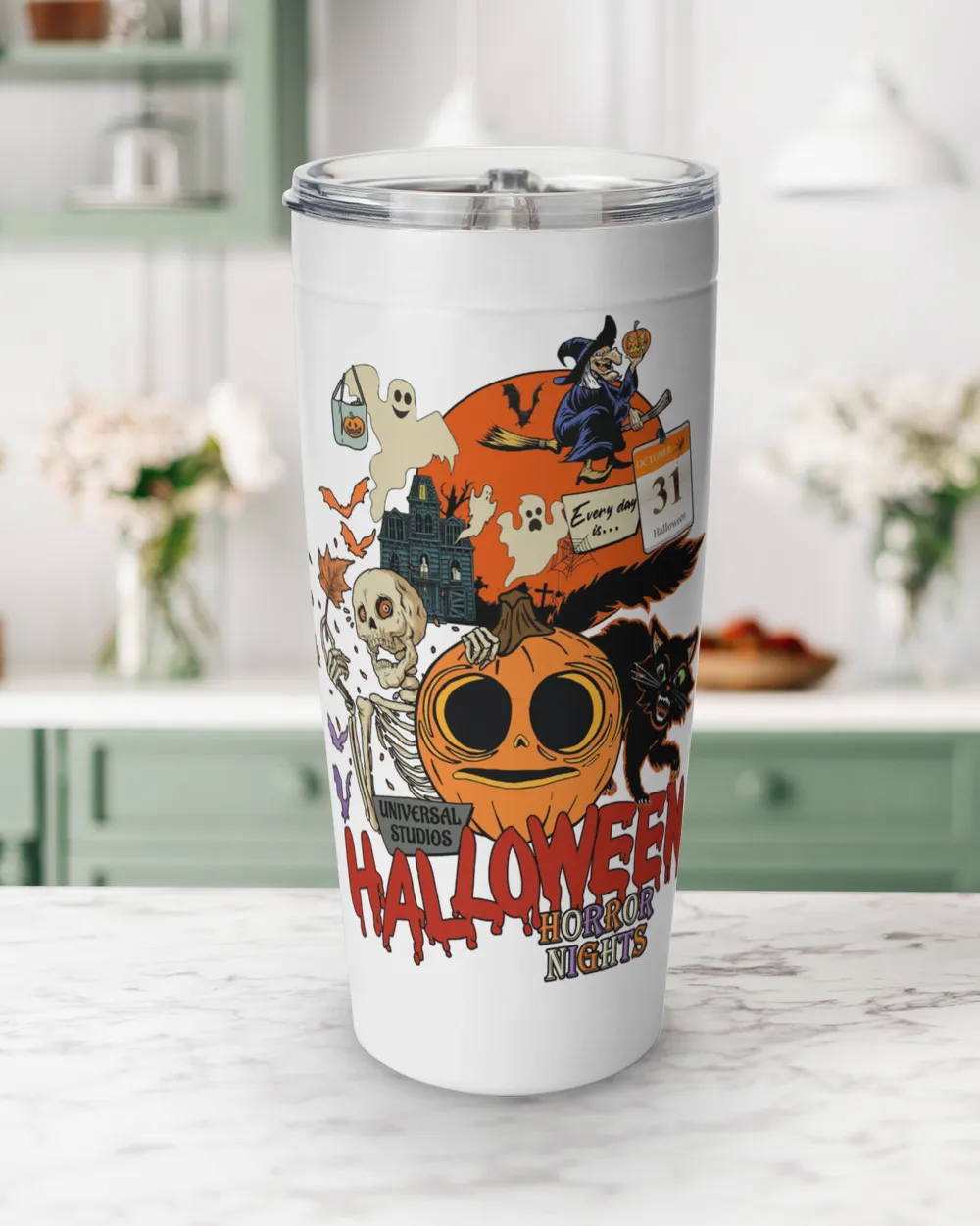 Lil Boo Halloween Horror Nights Mug, Vintage Halloween 2022 Gift Tumbler Spooky black cat October 31 St Halloween pumpkin witch riding broom skeleton blood Moon