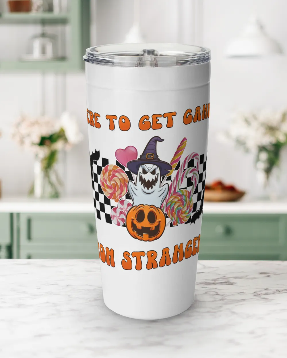 Here To Get Candy From Strangers Tumbler, witch ghost pumpkin demon bats