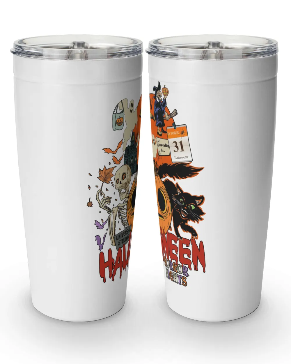 Lil Boo Halloween Horror Nights Mug, Vintage Halloween 2022 Gift Tumbler Spooky black cat October 31 St Halloween pumpkin witch riding broom skeleton blood Moon