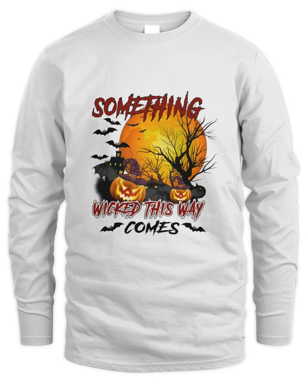 Something Wicked This Way Comes V-Neck T-Shirt, black bats blood moon pumpkin
