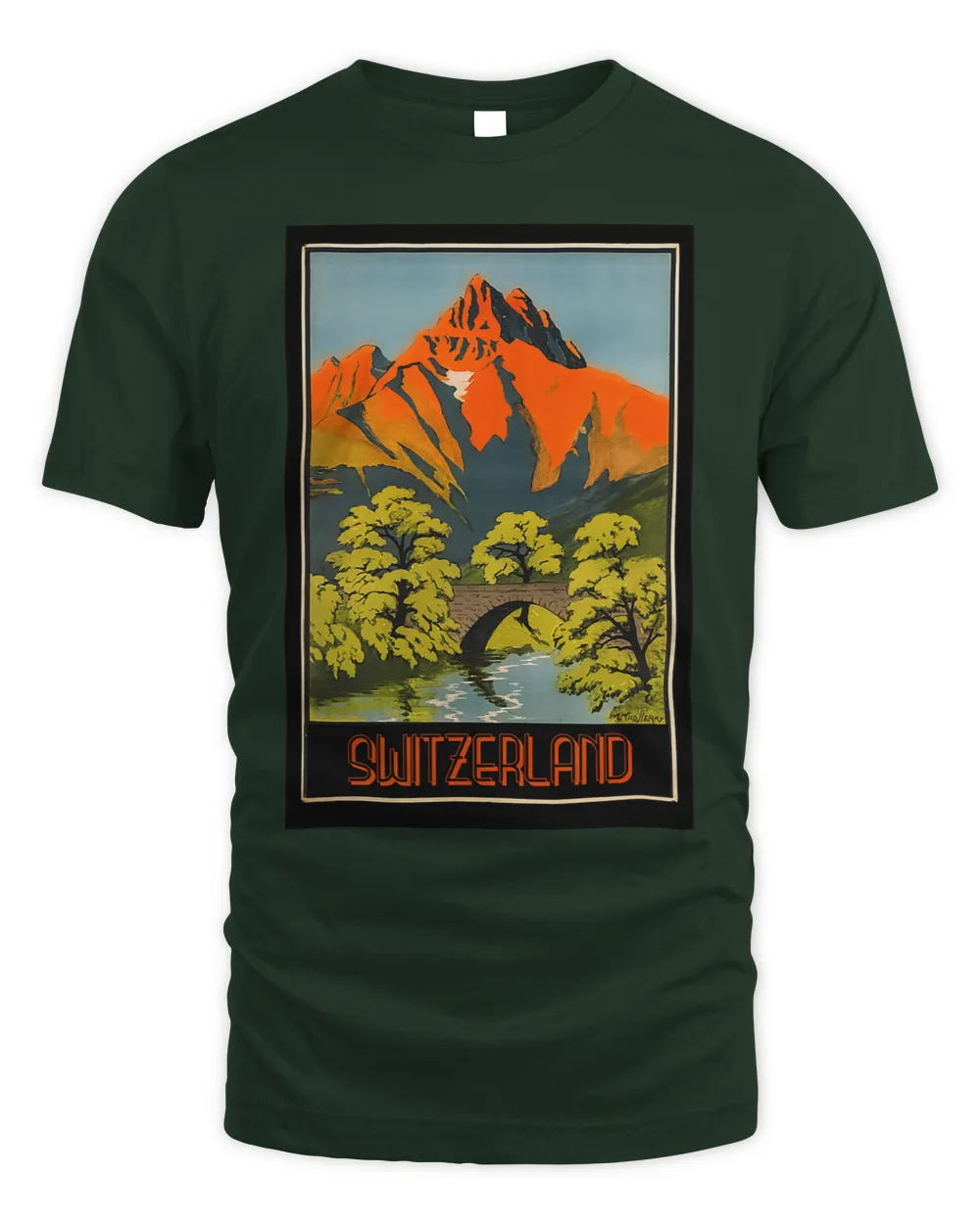 Switzerland Travel Poster Mountains Alps Sunset Trees River