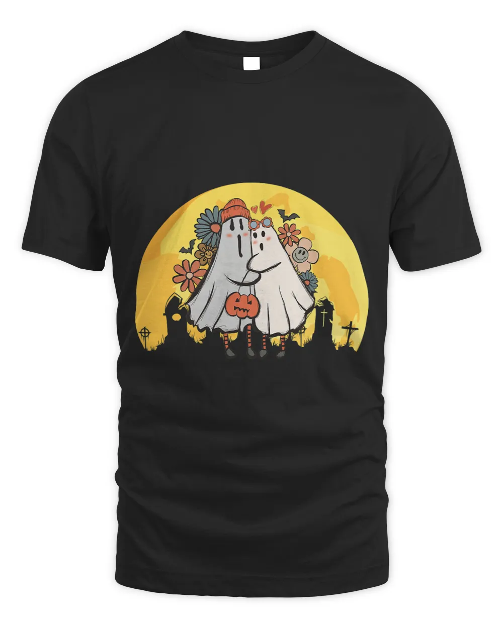 Funny Halloween Couple Under Full Moon Retro Ghost Graphic