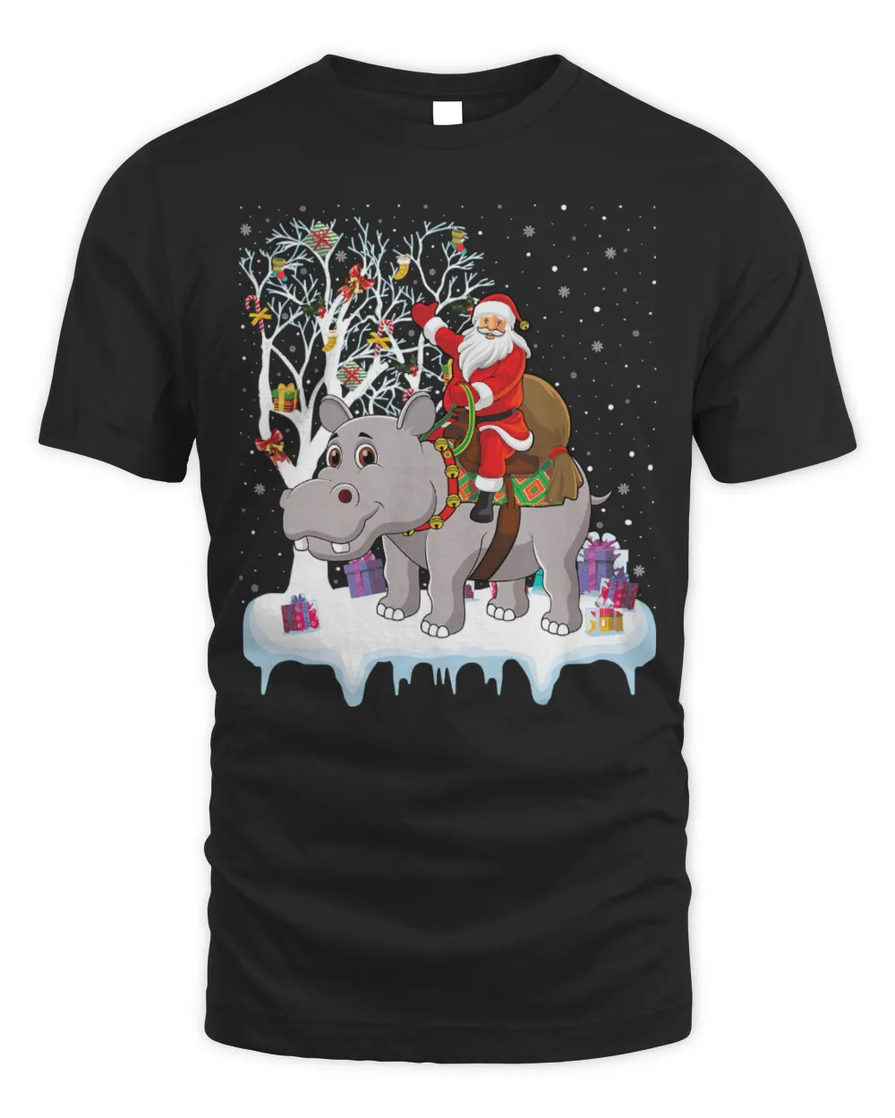 Hippo Pet Funny Xmas Lighting Tree Santa Riding Hippopotamus Christmas Unisex Standard T-Shirt black s