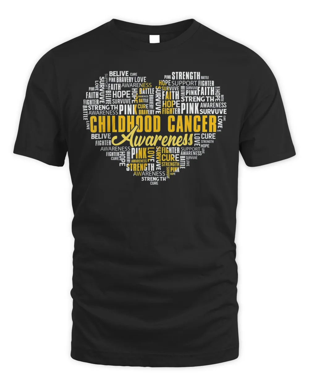 Childhood Cancer Awarenes Warriors Heart Gold Ribbon Words Shirt