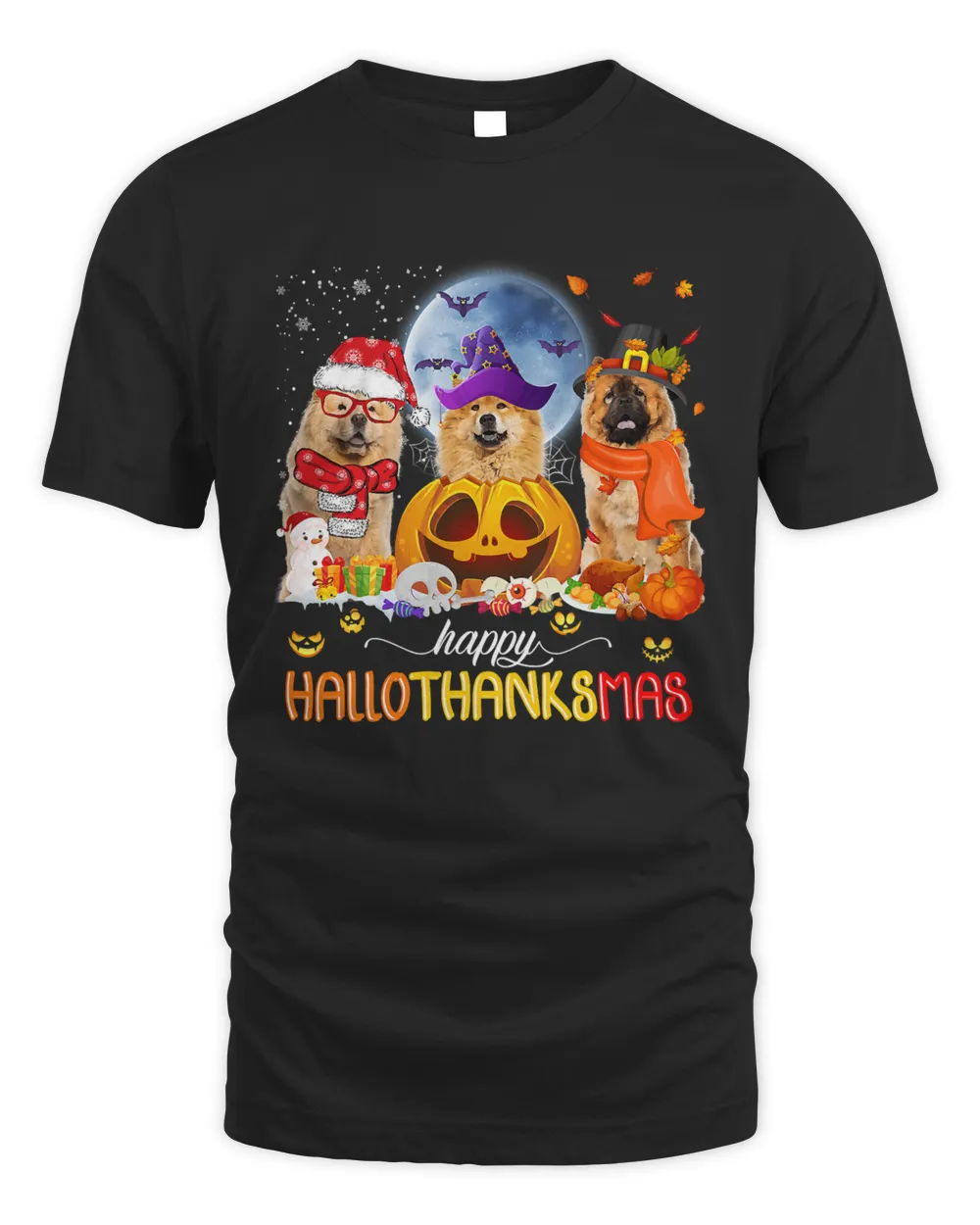 Happy Hallothanksmas Chow Chow Pumpkin Maple Leaf Santa Hat501 Unisex Standard T-Shirt black s