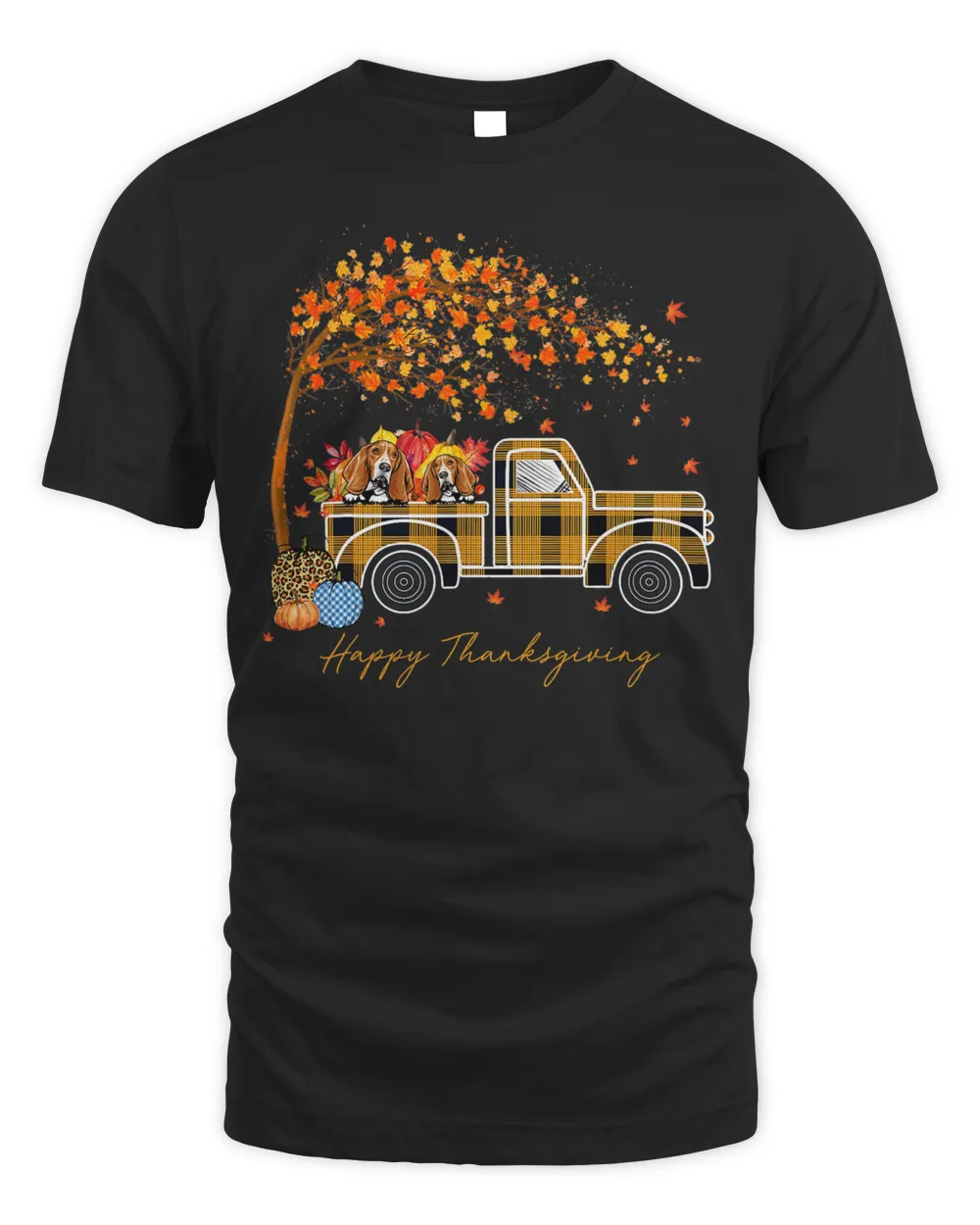 Basset Hound Plaid Pumpkin Truck Autumn Fall Thanksgiving T-Shirt