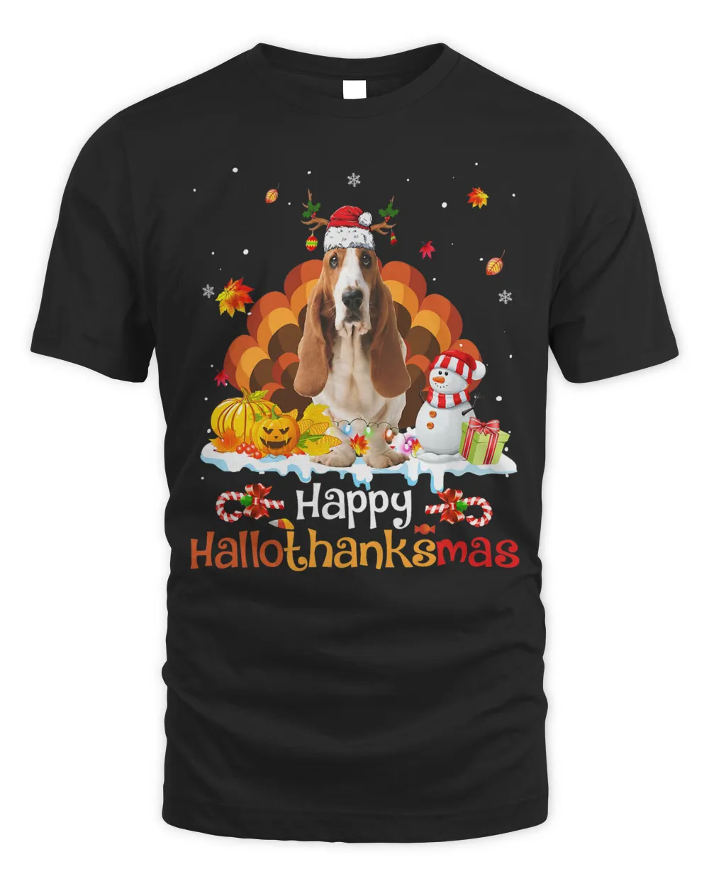 HalloThanksMas Halloween Thanksgiving Christmas Basset Hound T-Shirt