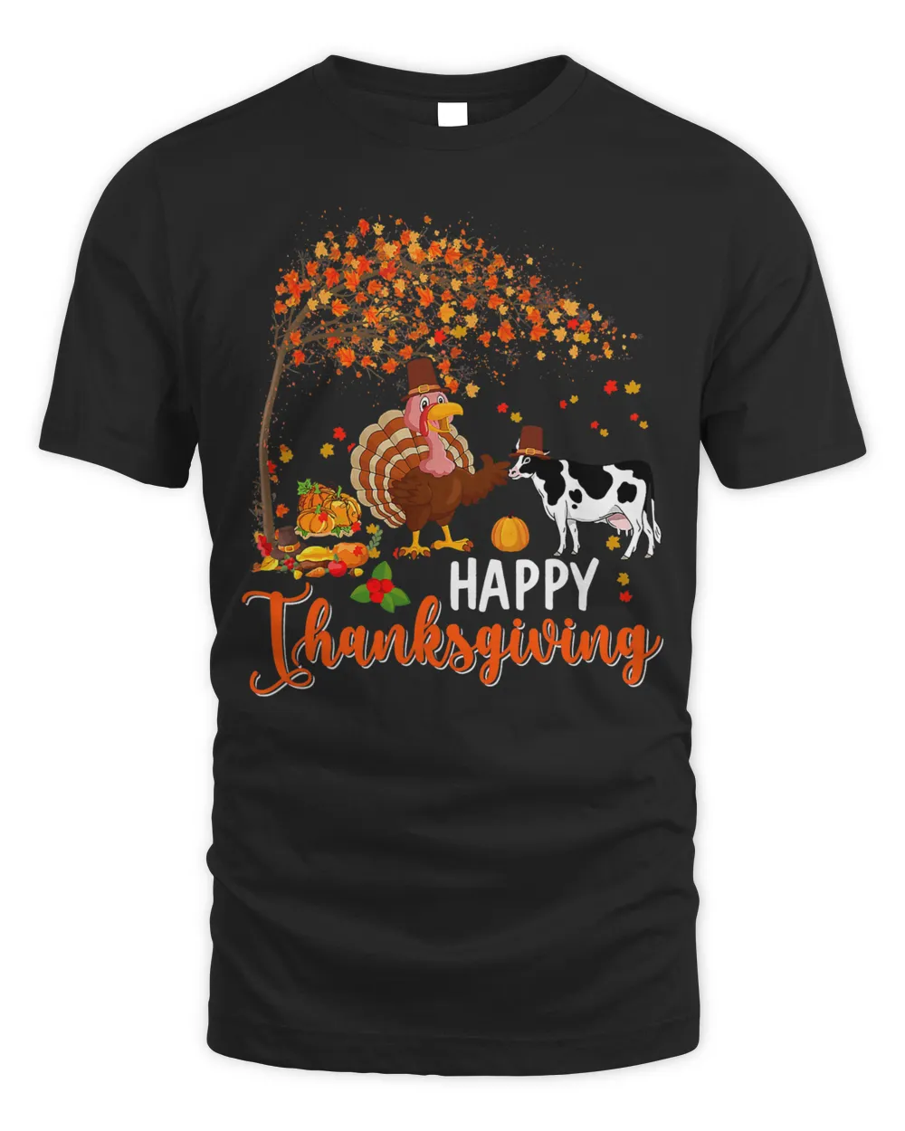 Happy Thanksgiving Fall Tree Turkey With Cow Wearing Hat T-Shirt
