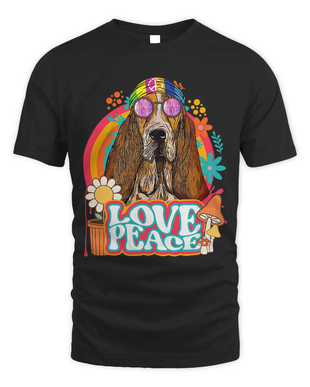 Hippie Basset Hound Dog Retro 60s 70s Peace Sign Love