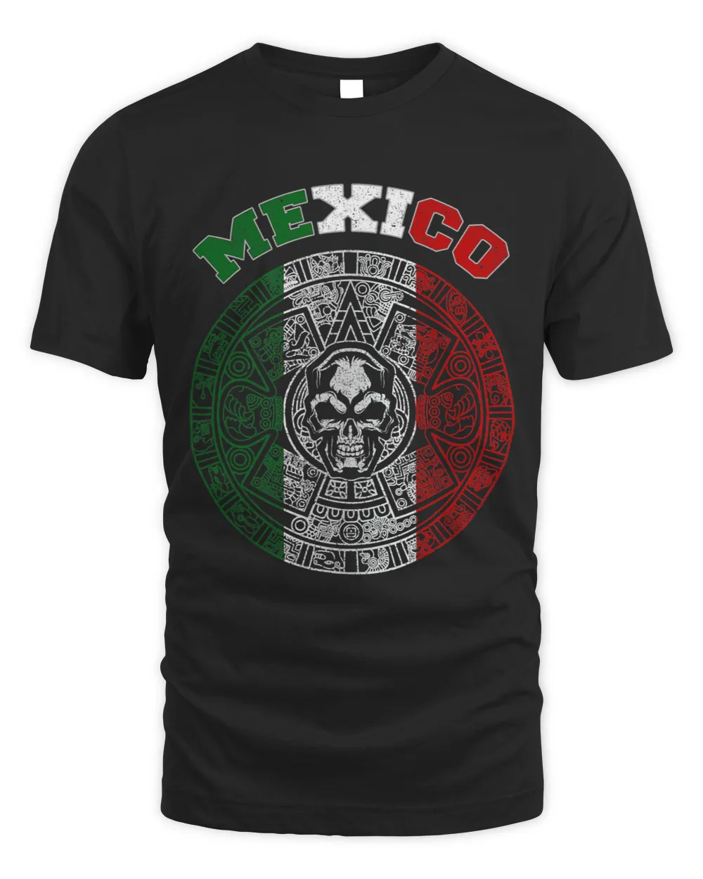 Mexico Flag on Aztec Calendar Skull. Calavera Azteca del Tri