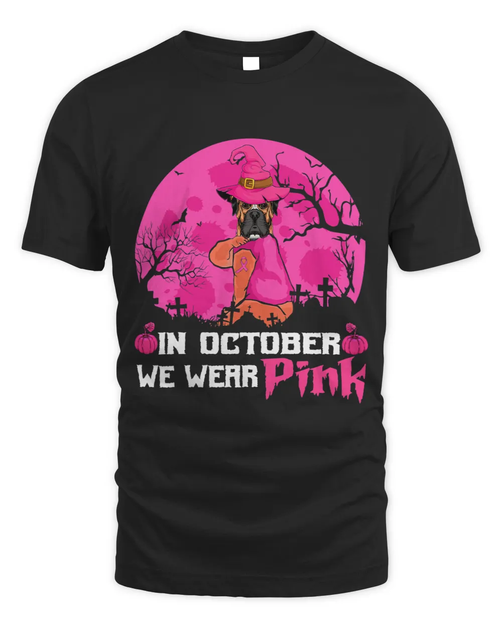 Boxer In October We Wear Pink Witch Boxer Breast Cancer Halloween Boxers Dog