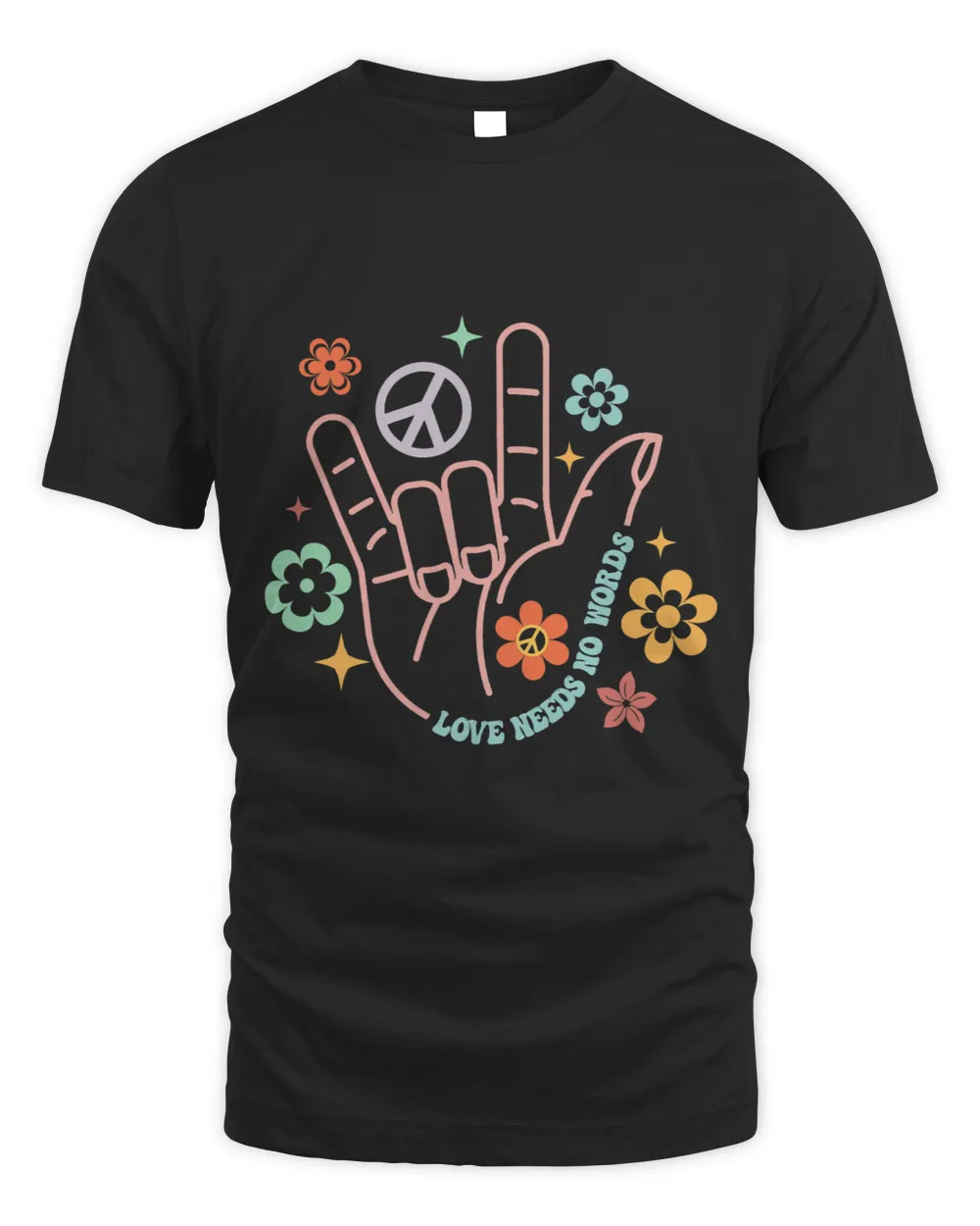 Love Needs No Words Retro Hand Sign Groovy Autism Awareness Unisex Standard T-Shirt black s