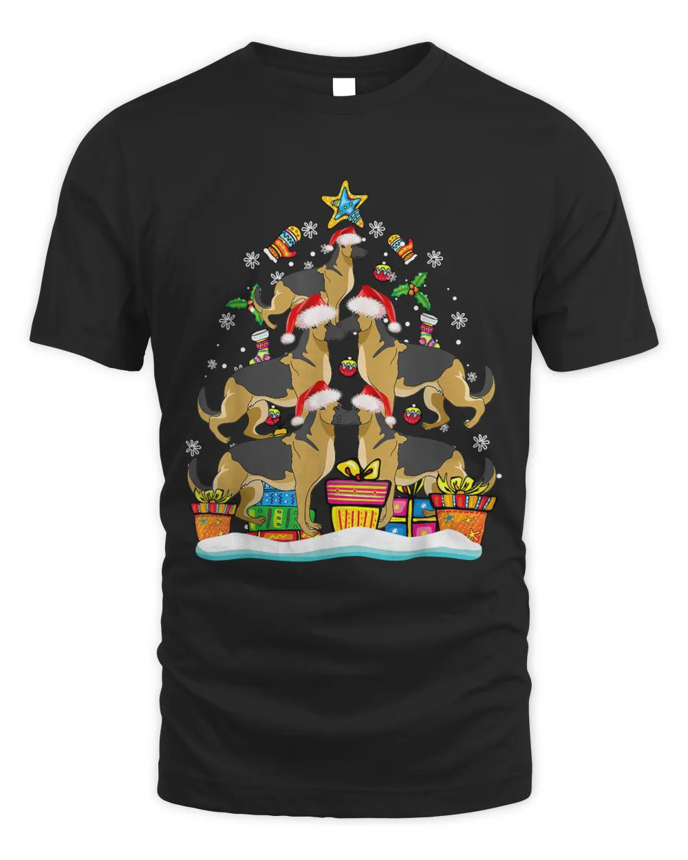 German Shepherd Christmas Tree Santa Hat Decorations Xmas T-Shirt