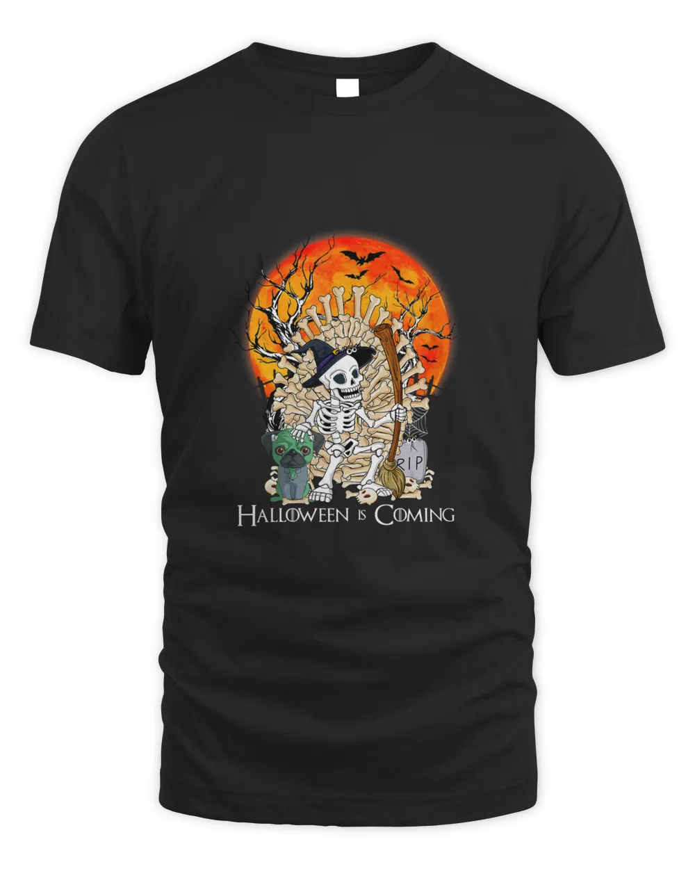 Halloween Is Coming Skeleton King On Throne Pug Frankenstein T-Shirt