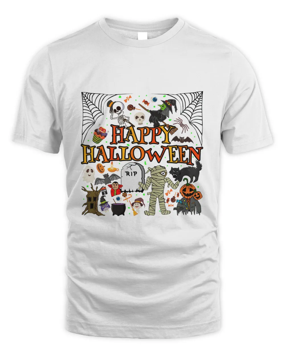 Happy Halloween Scary Retro V-Neck T-Shirt, black cat RIP pumpkin bat skeleton witches