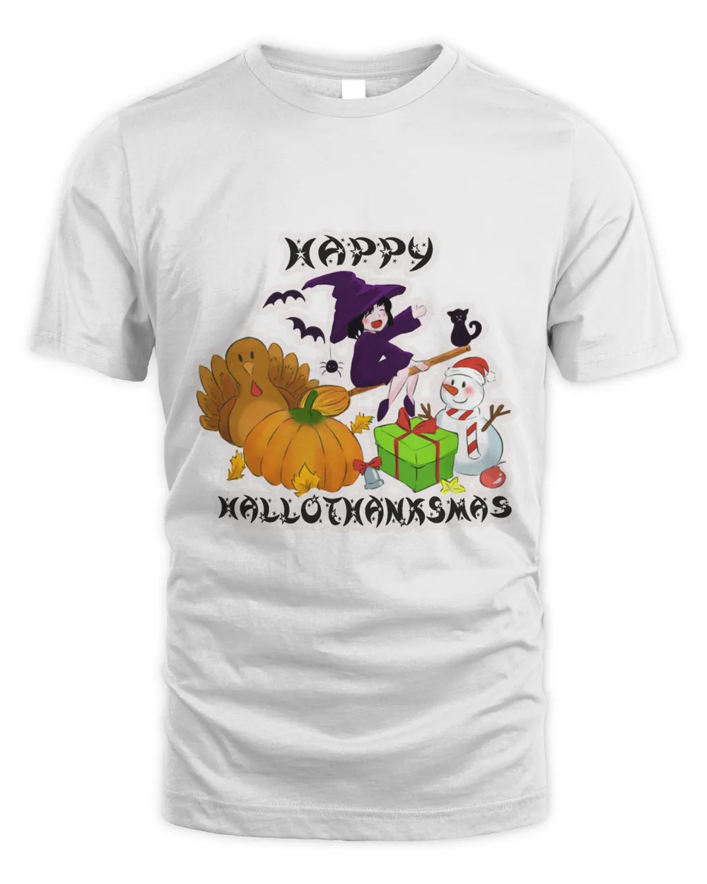 Happy Hallothanksmas Day 2021 Thanksgiving Turkey Christmas Snowman Halloween Witch Pumpkin 3in1 Three Holidays Funny