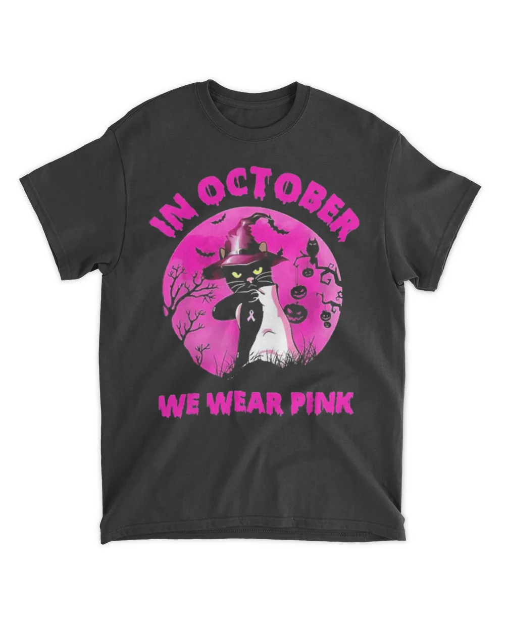 In October We Wear Pink Cat Pumpkin Breast Cancer Halloween Shirt