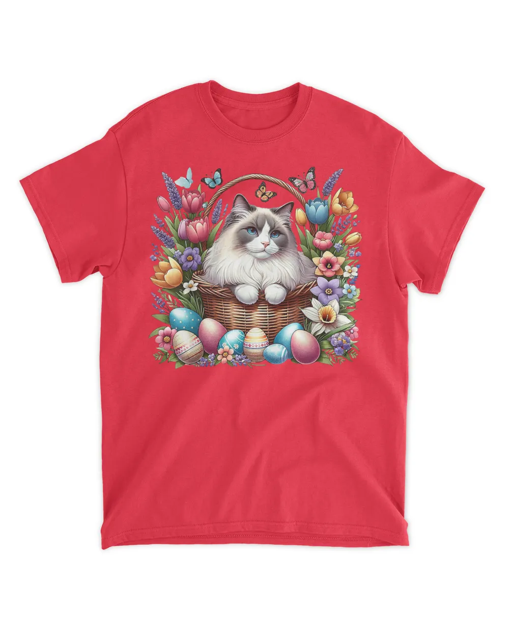 Cute Ragdoll Cat surrounded by eggs and flourishing flowers T-Shirt