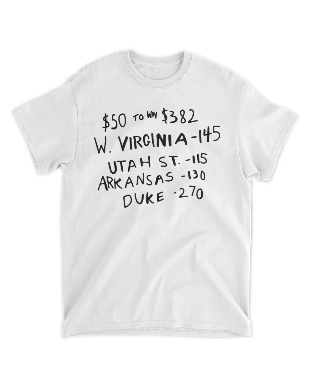 $50 To Win $382 W Virginia 145 Utah St 115 Arkansas 130 Duke 270 Tee Shirt