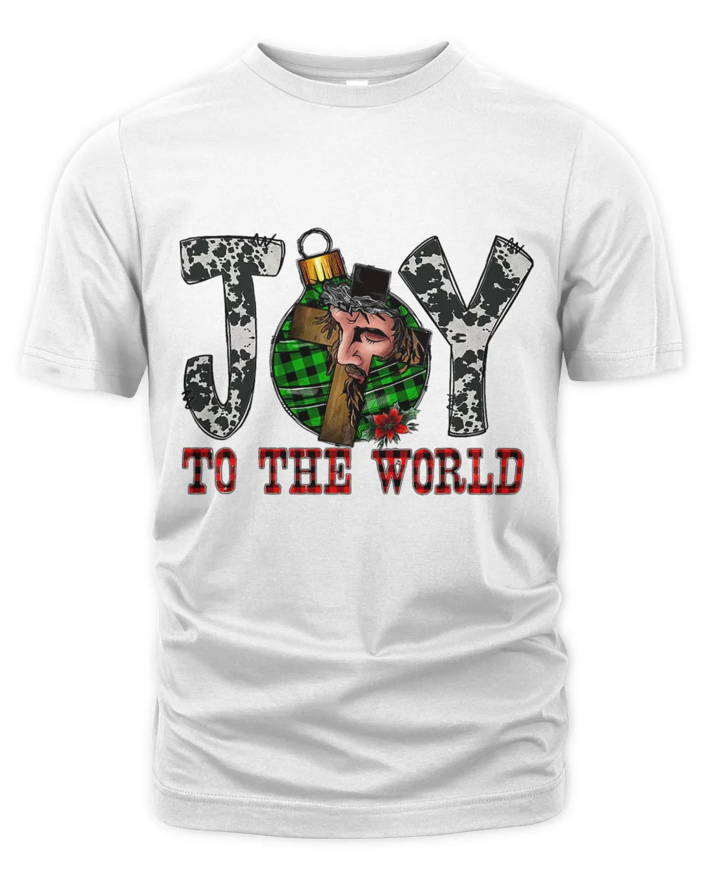 Cowhide Buffalo Plaid Christmas Jesus Cross Joy The To World T-Shirt