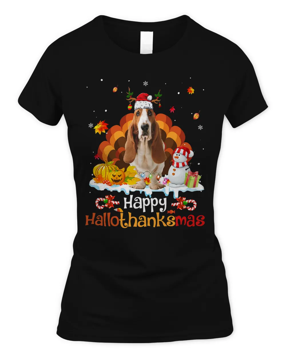 HalloThanksMas Halloween Thanksgiving Christmas Basset Hound T-Shirt