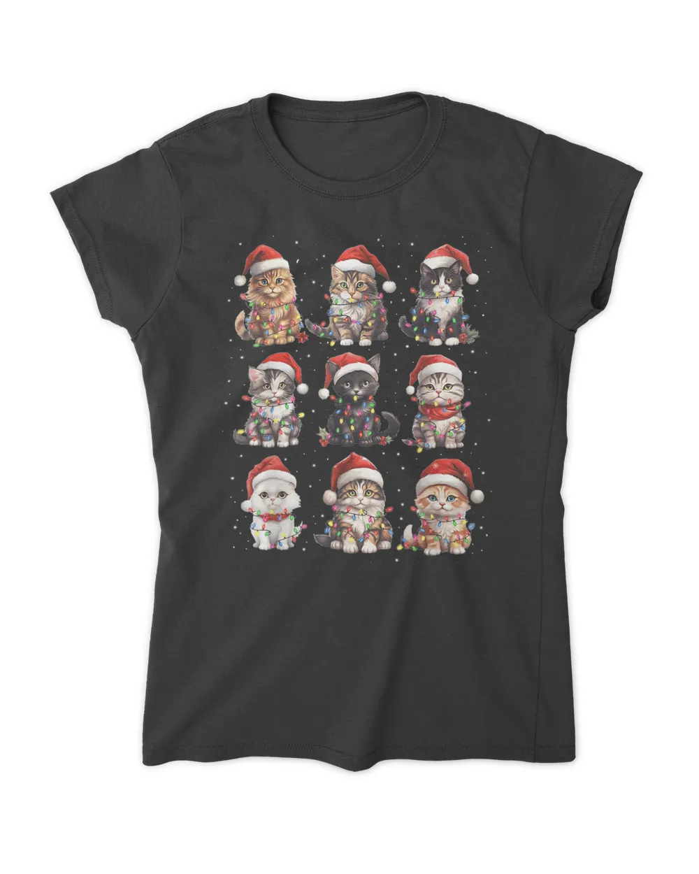 Santa Cats Tangled Up In Christmas Tree Lights Funny Cat Pet T-Shirt