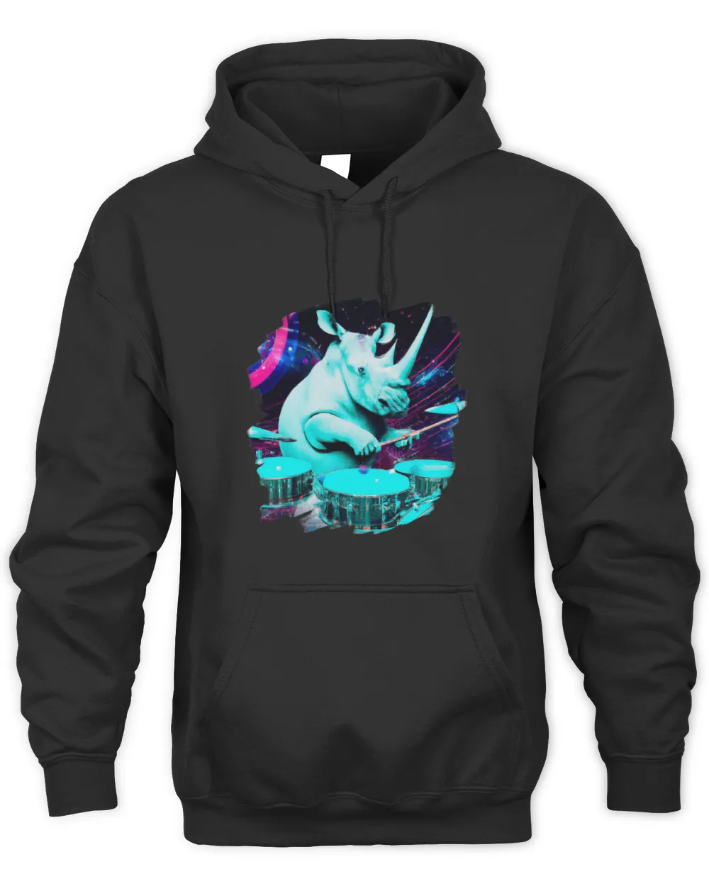 Funny Drummer Rhino Gift Playing Drums in Space Outer Space Music Rhino22 Unisex Hoodie black s