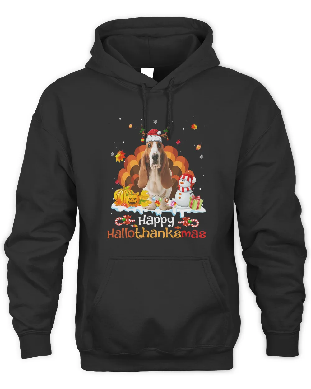 HalloThanksMas Halloween Thanksgiving Christmas Basset Hound T-Shirt